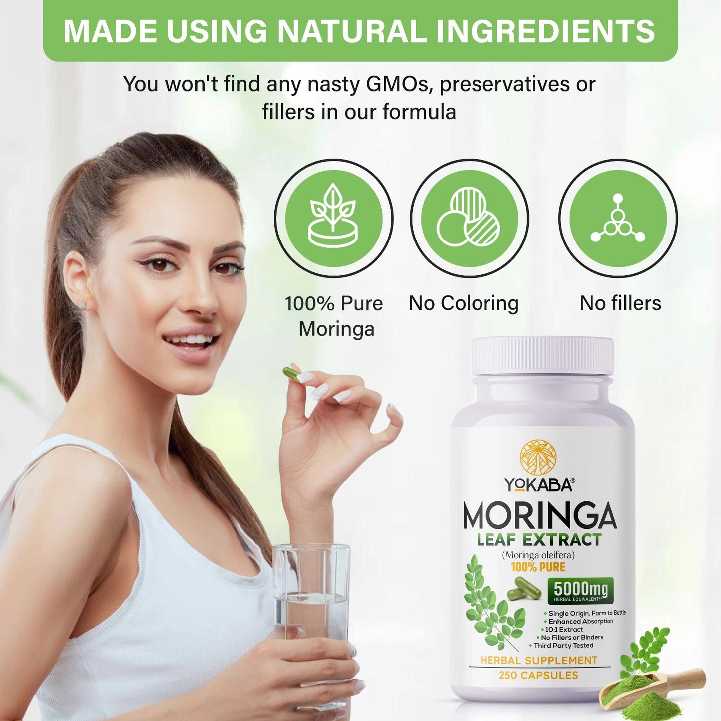 250 Capsules Moringa Oleifera Leaf Powder - Organic Herbal Extract