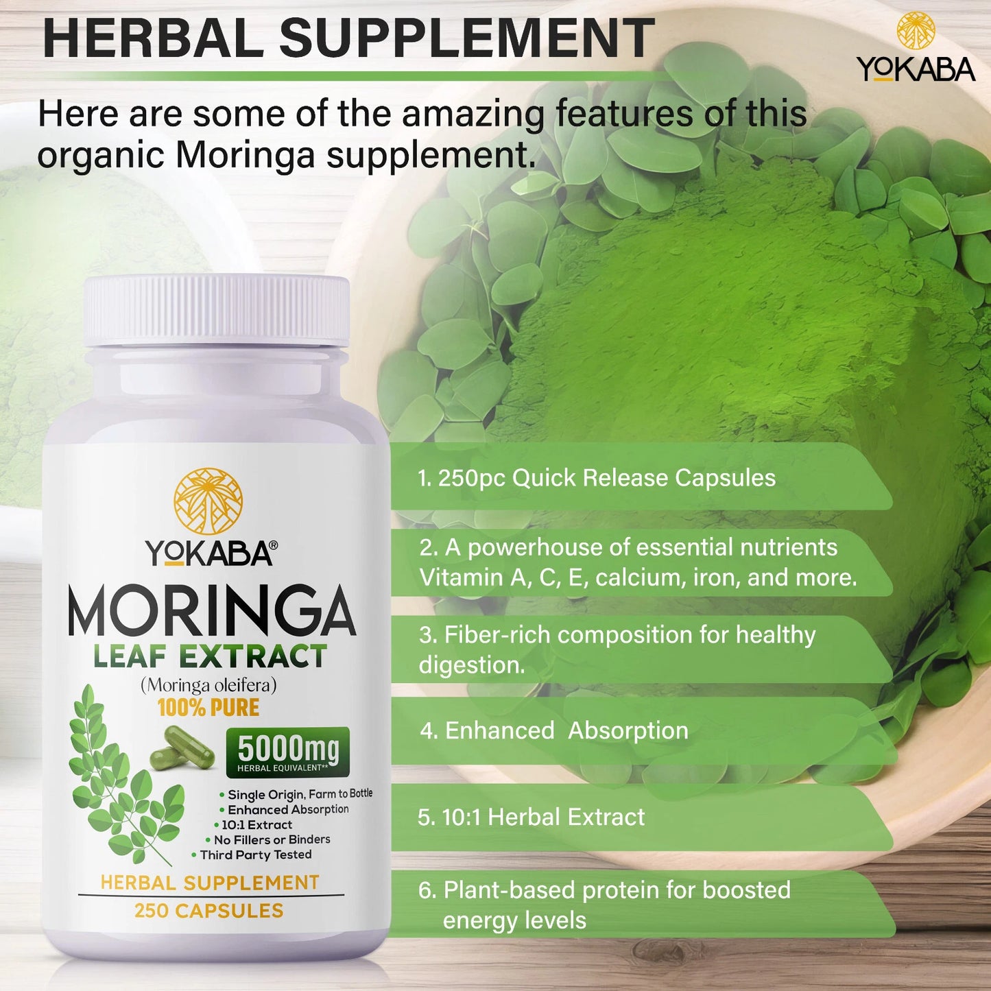 250 Capsules Moringa Oleifera Leaf Powder - Organic Herbal Extract